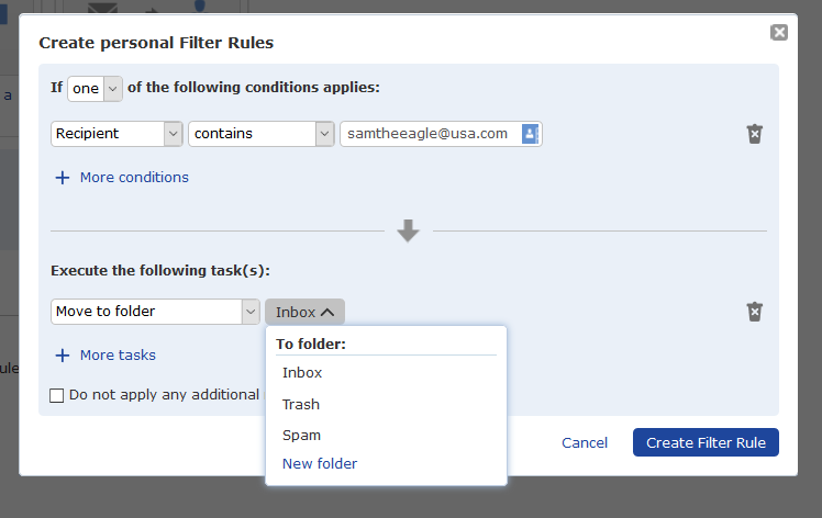 Screenshot showing how to set up filter rules to sort incoming messages